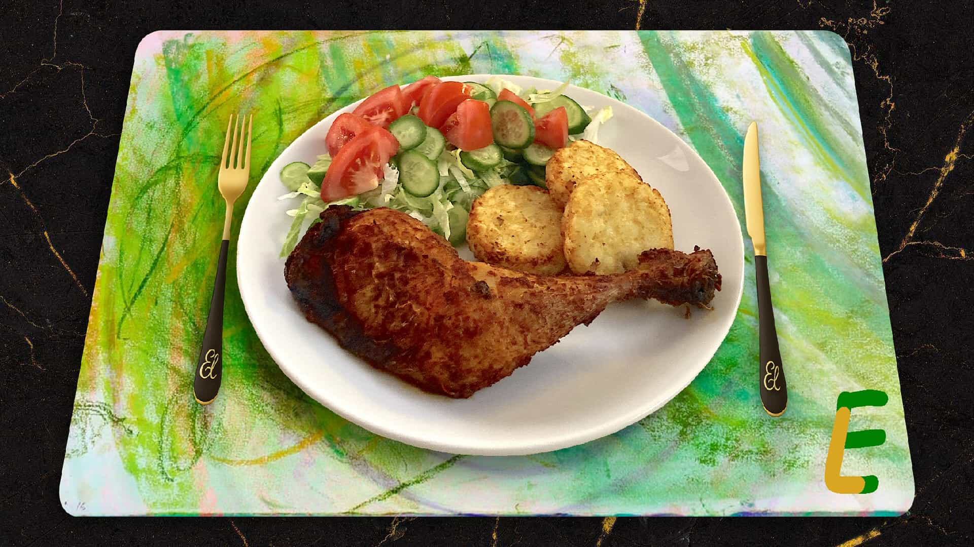 Kippenpoot met röstirondjes en sla