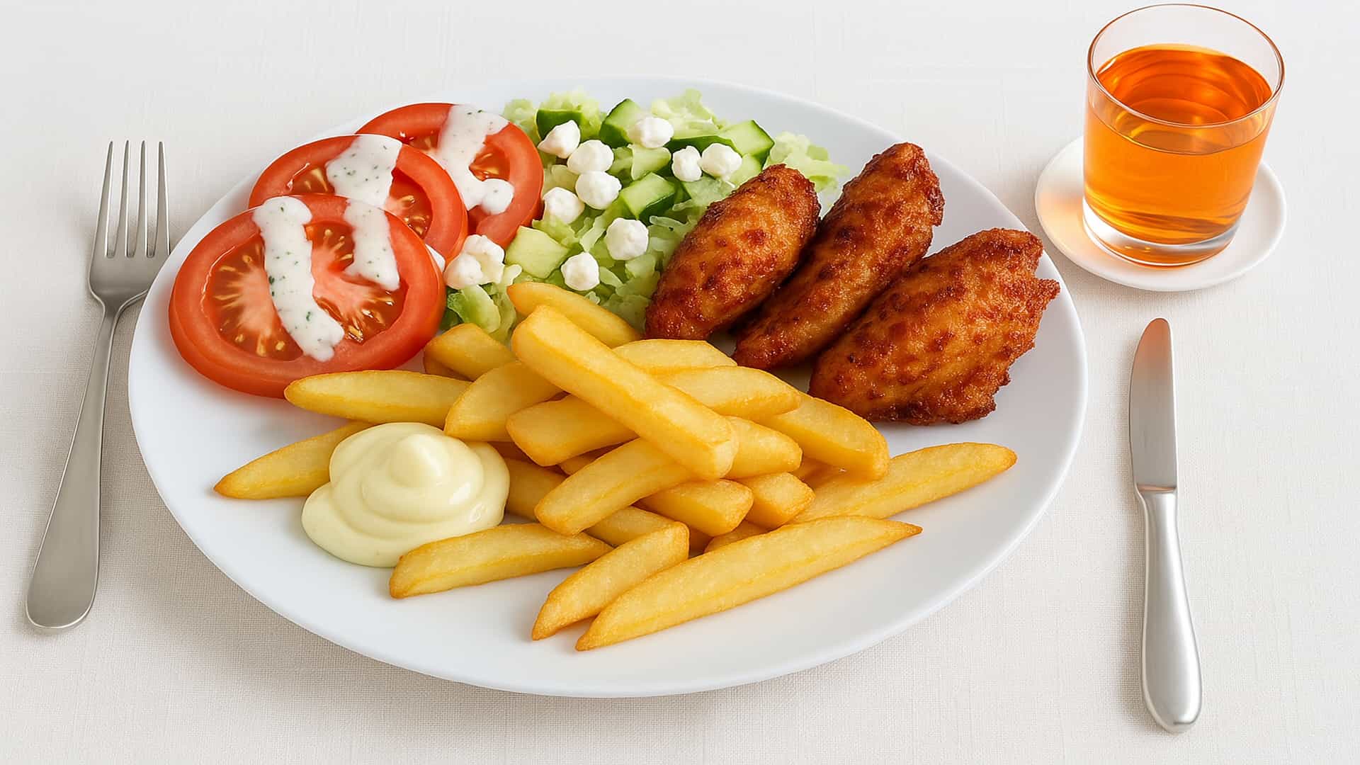 Gemarneerde kipvleugels met salade en friet