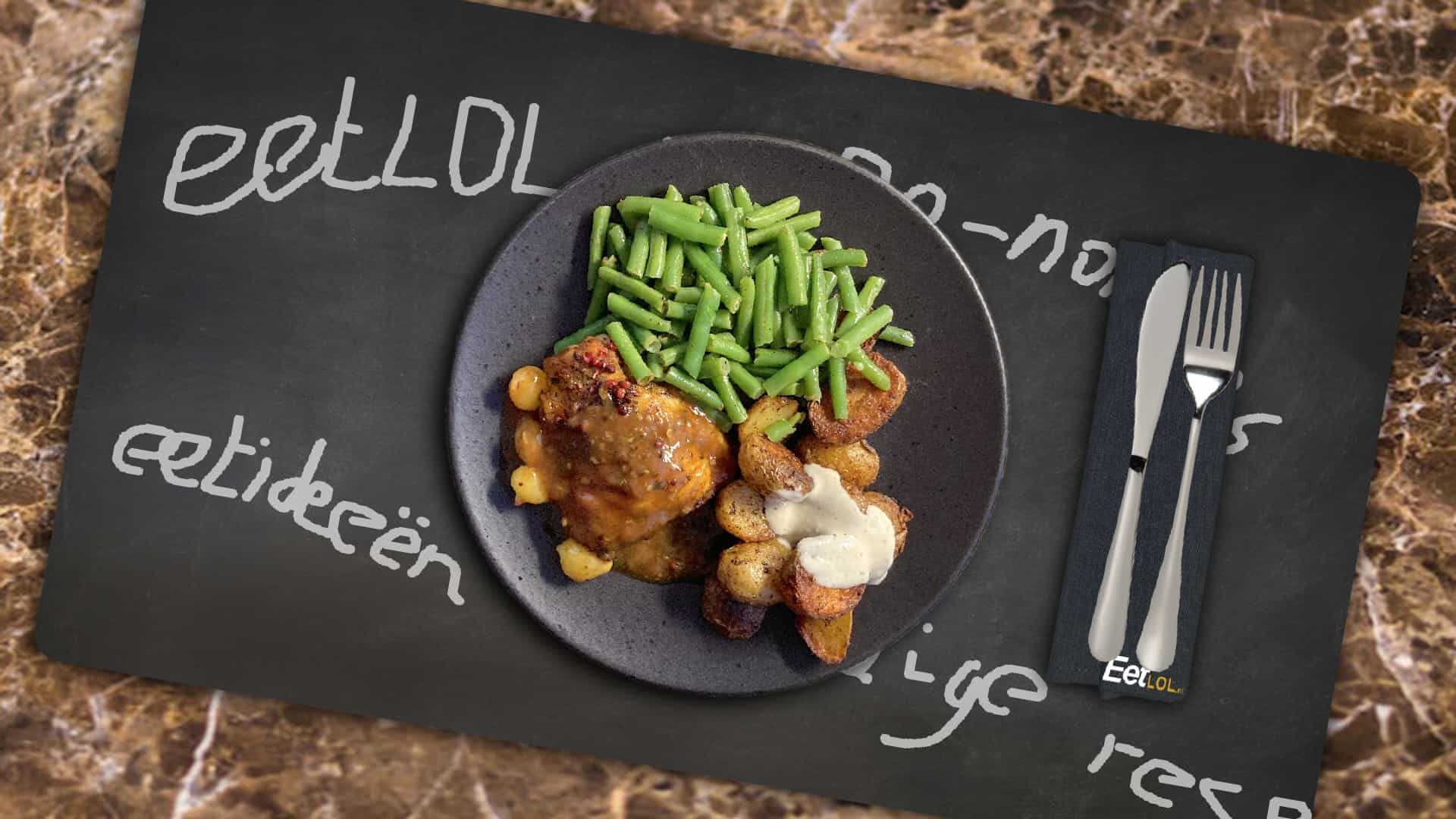 Kippendijen Coq au Vin met sperziebonen en groente