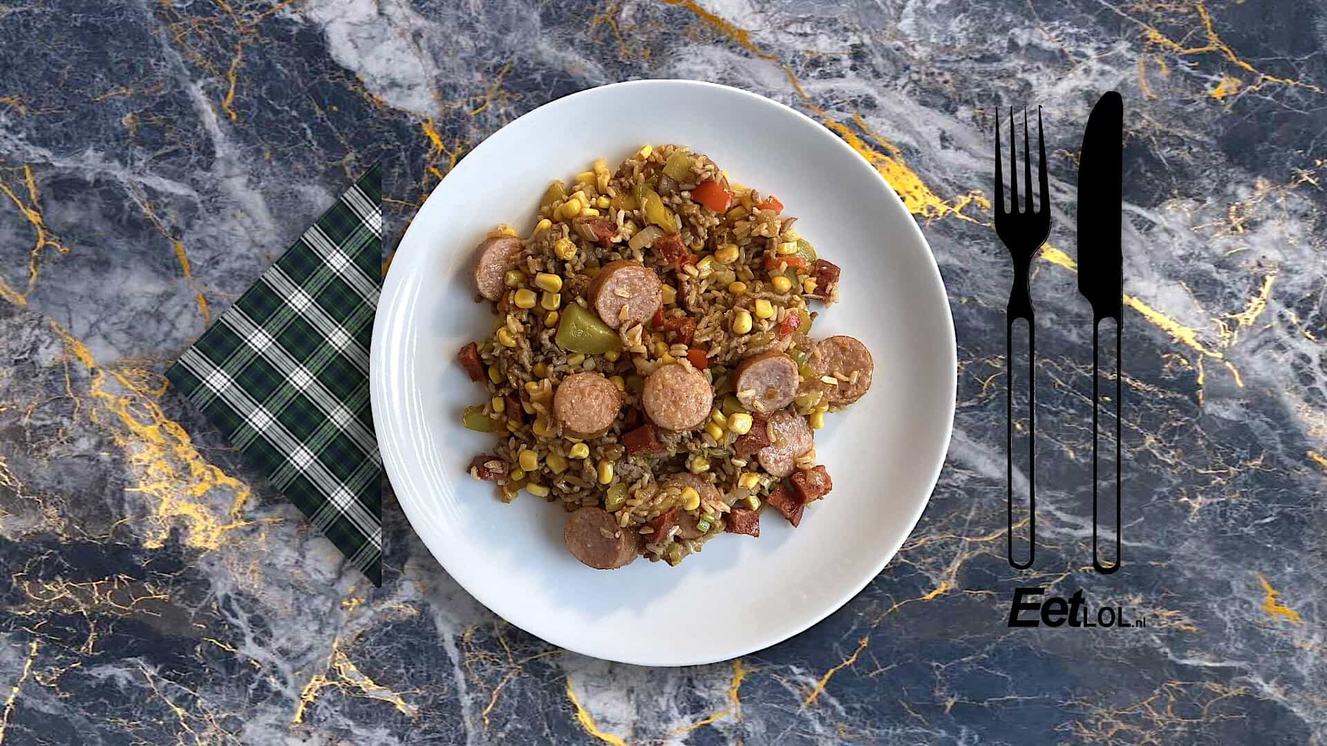 Jambalaya met gehakt en rookworst