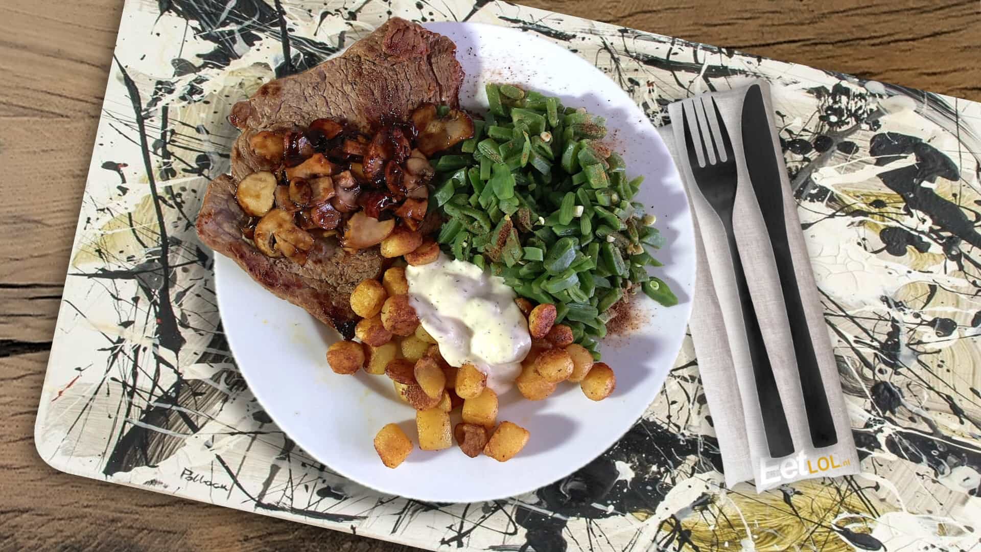 Ribeye met champignons en snijbonen