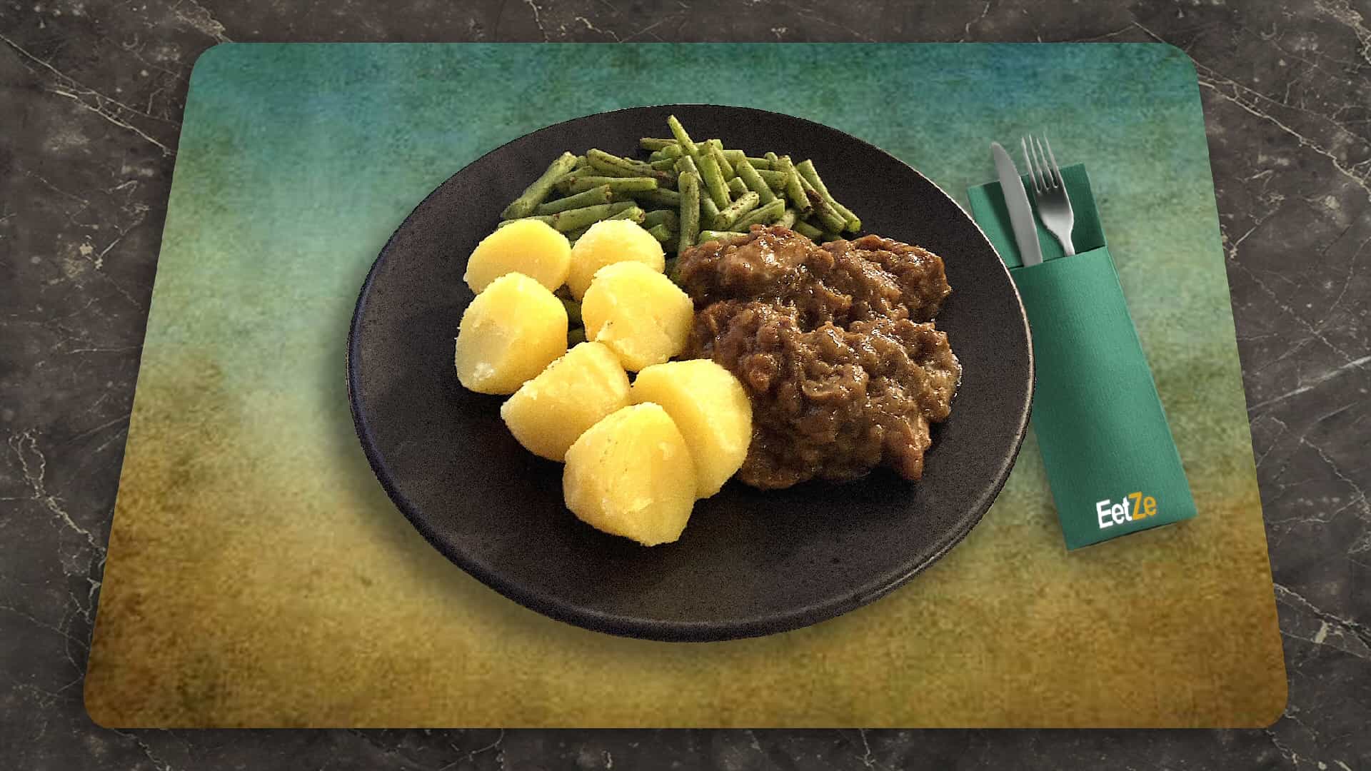 Sperziebonen met gekookte aardappelen en kipdijenstoof